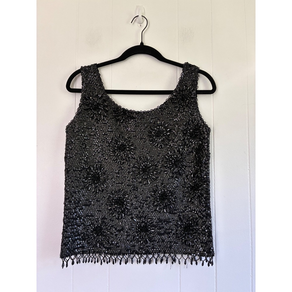 Vintage Hand Beaded Wool Shell Top Black Sequin Floral Fringe Tank M WPL 3526